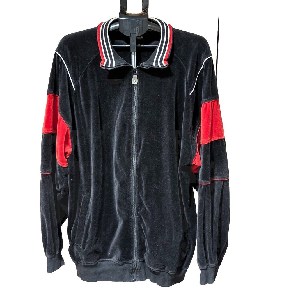 Koman Modern Basics Mens 2X Red Black Raw Denim Velour Zip Jacket Hip Hop Grunge